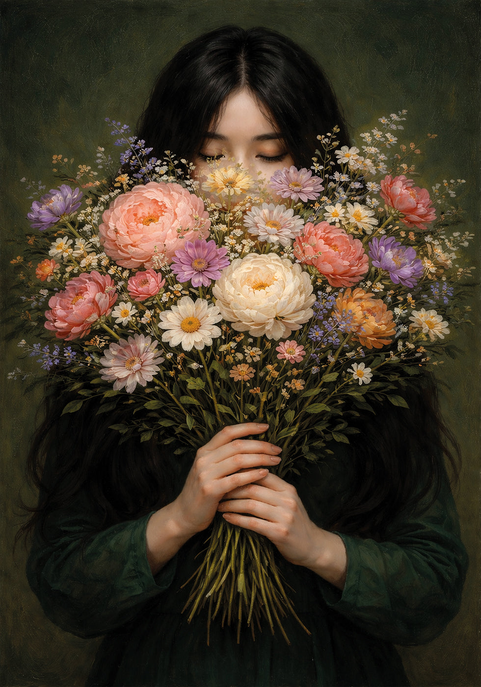 Title: Emerald Green Woman with Flowers Art Print: Minimalist Japandi Portrait Poster