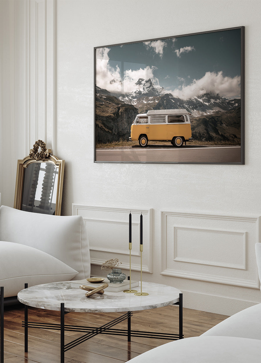 Yellow Van Against Of Mountains Poster