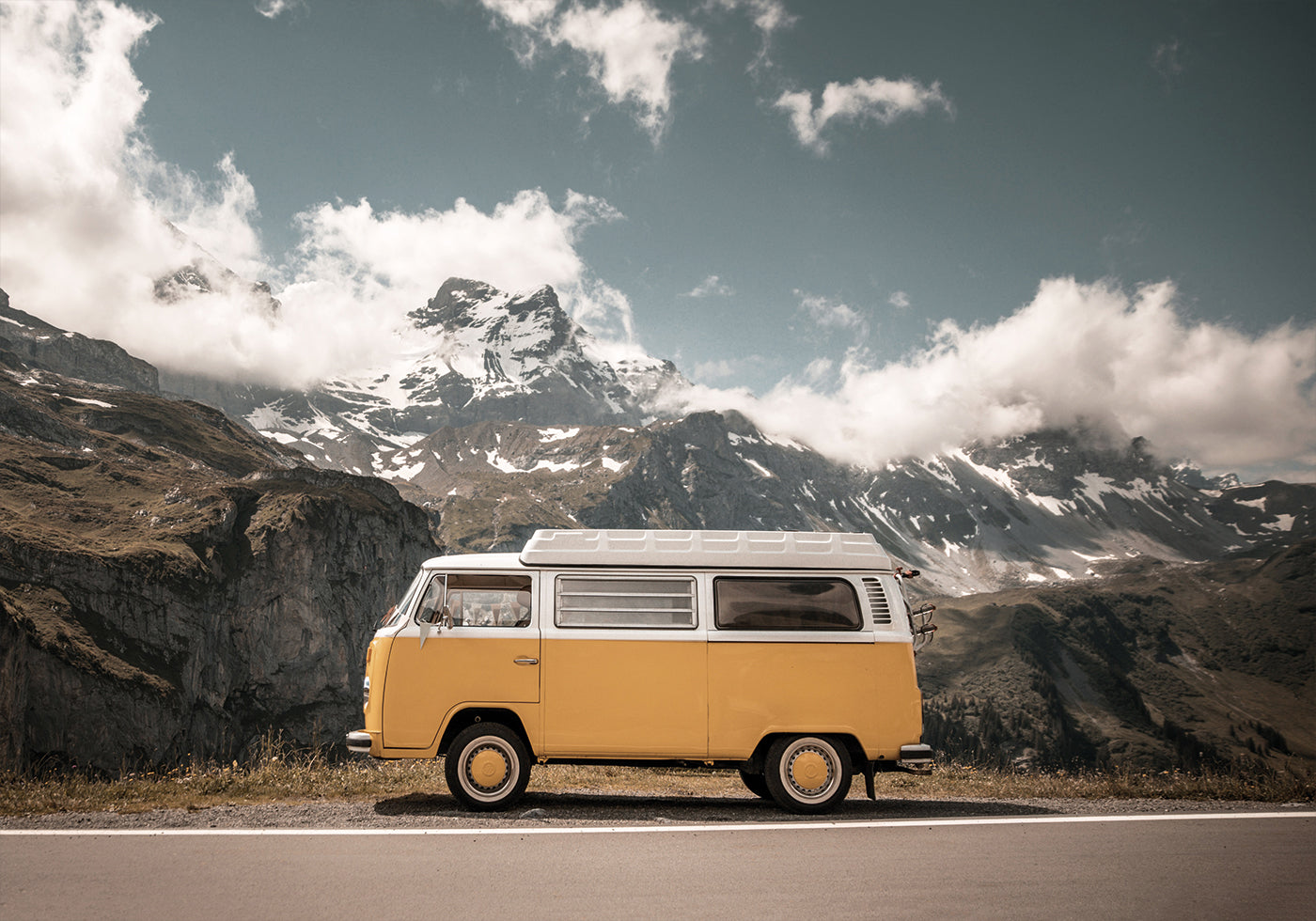 Yellow Van Against Of Mountains Poster