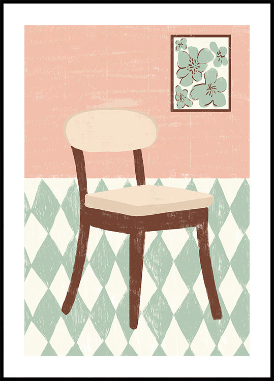 A simple illustration of a chair with a floral pattern on the wall behind it.