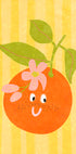 A cheerful orange fruit with a face and leaves, set against a striped yellow background.