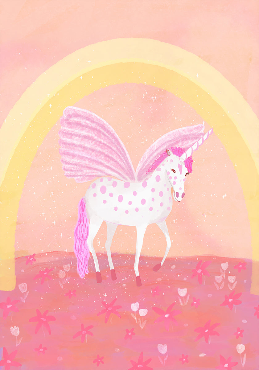 A white unicorn with pink spots stands in a field of pink flowers, with a yellow arch in the background.