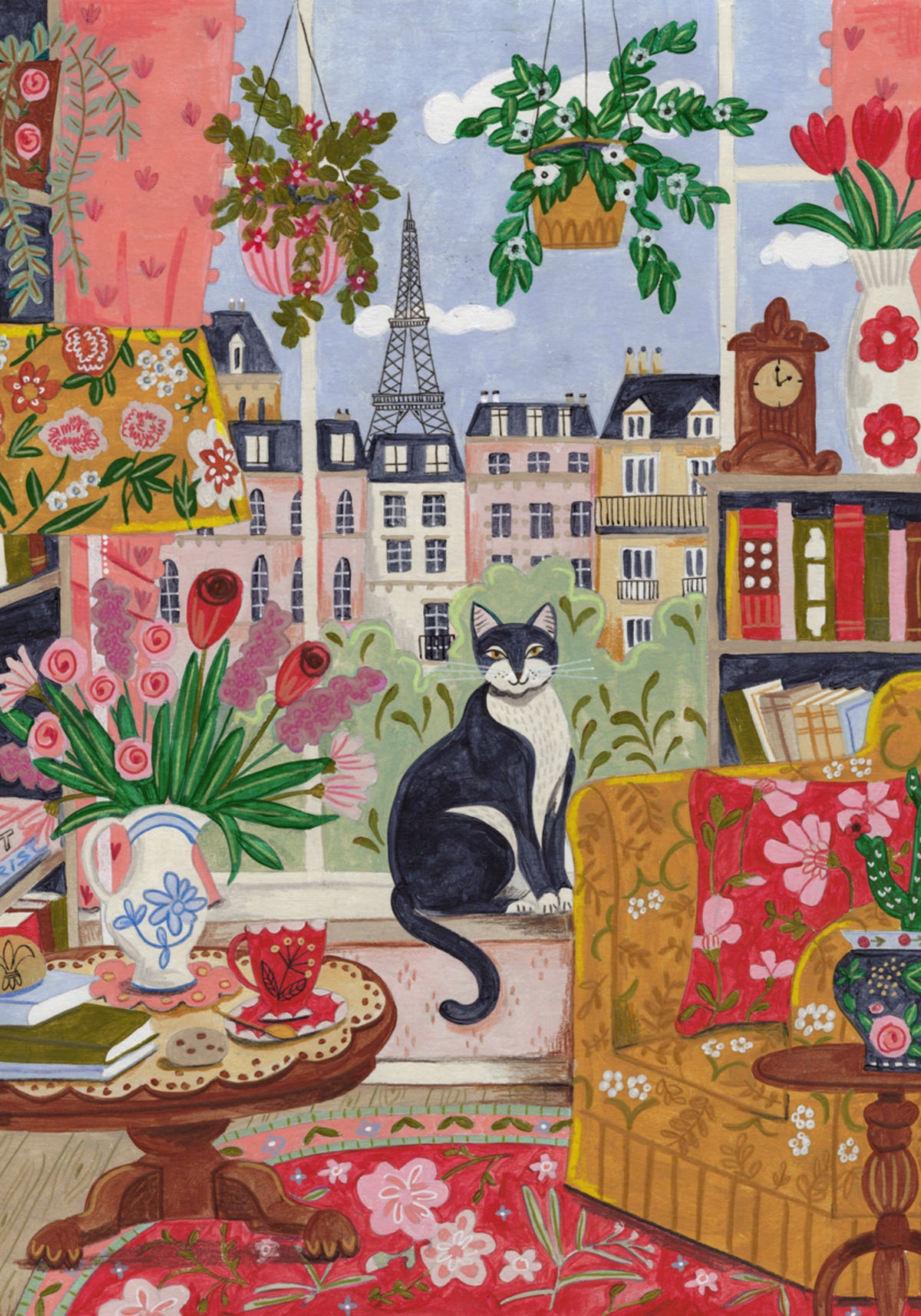 Cat in front of window in Paris bright colours