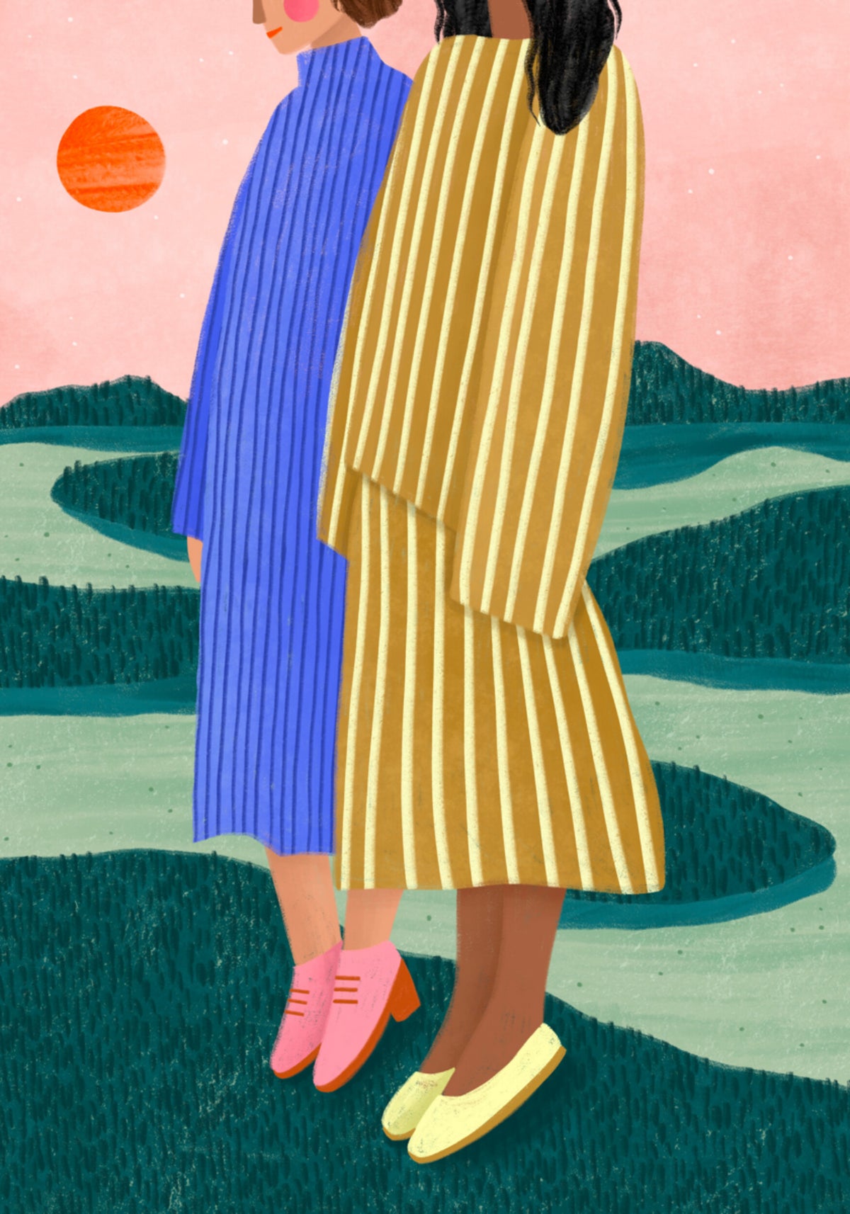 Women Overlook Serene Landscape