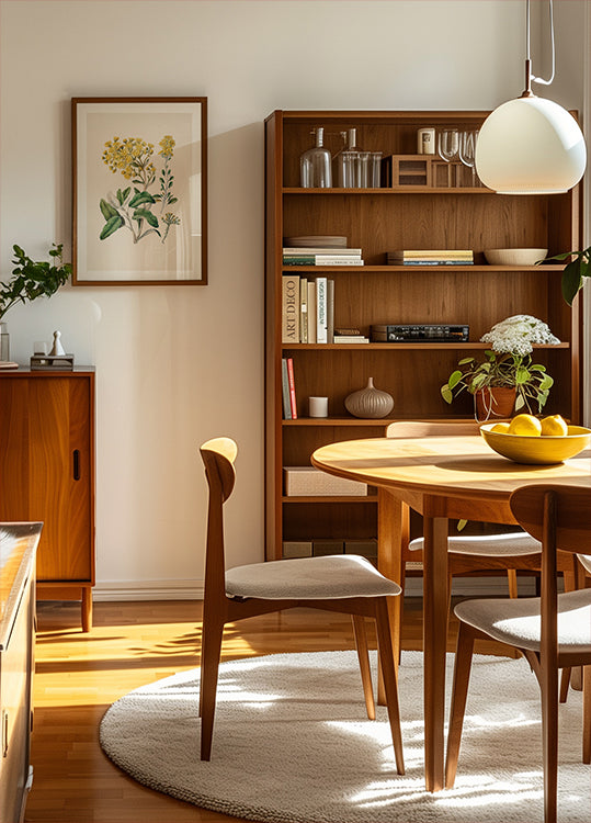 a cozy and well-organized living room with a wooden bookshelf, a round wooden table, and a wooden chair. The room has a warm and inviting atmosphere, with natural light streaming in from the window.