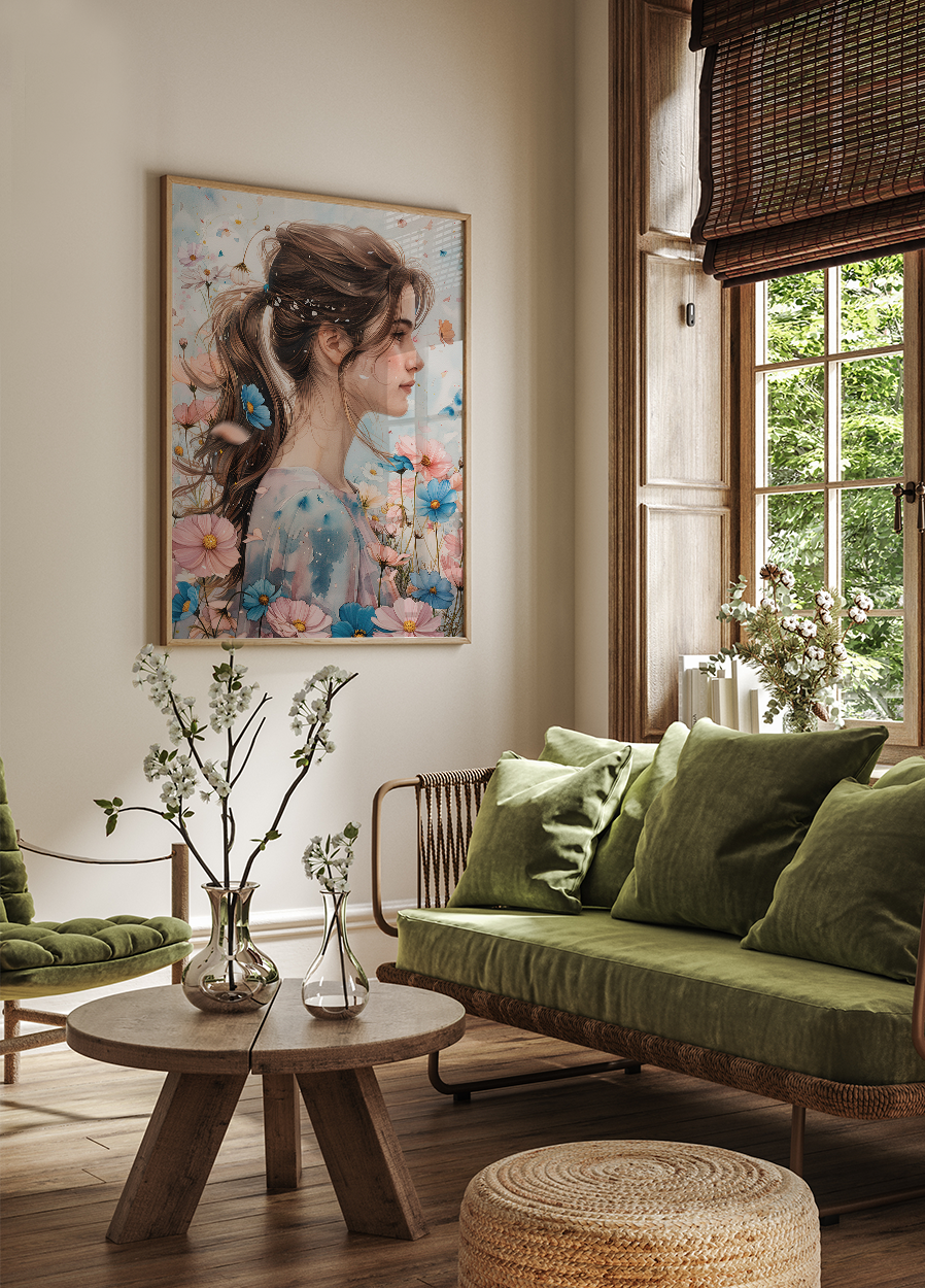 a living room filled with furniture and a painting on the wall