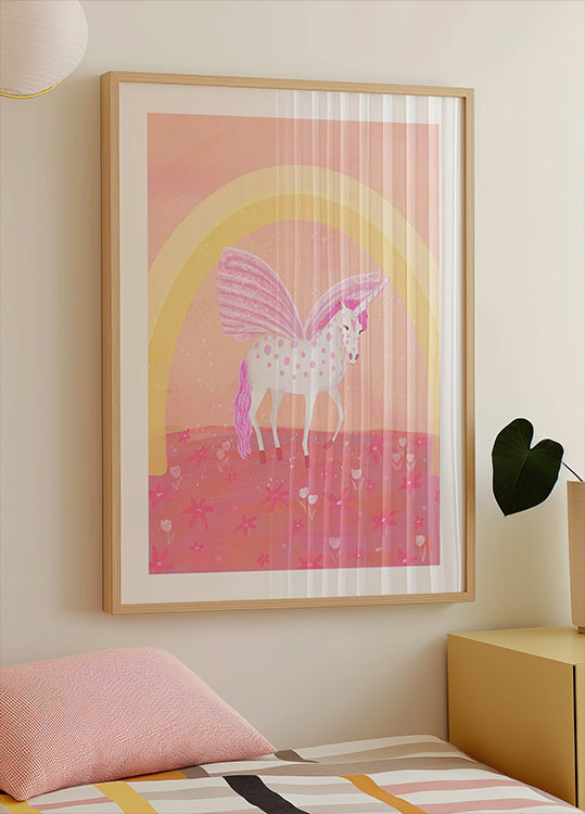 a framed poster of a unicorn with a pink and white color scheme, set against a pink and yellow background with a rainbow arch.