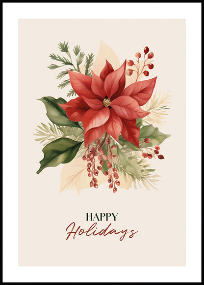 a holiday card with poinsettis and holly