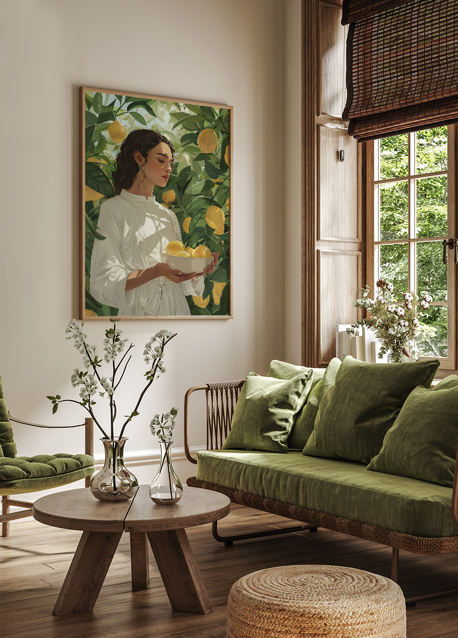 a living room filled with furniture and a painting on the wall