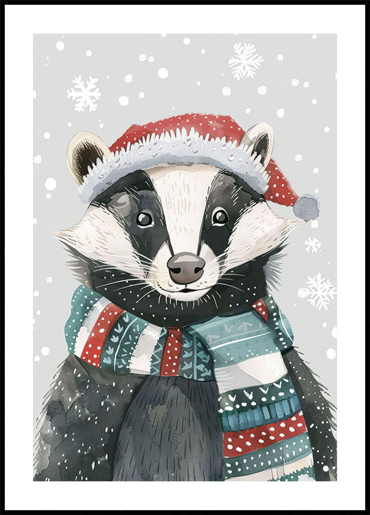 Festive Badger with Santa Hat Poster