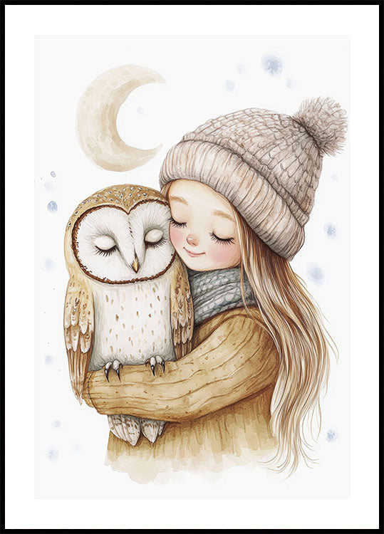 Watercolor Little Girl with an Owl Poster