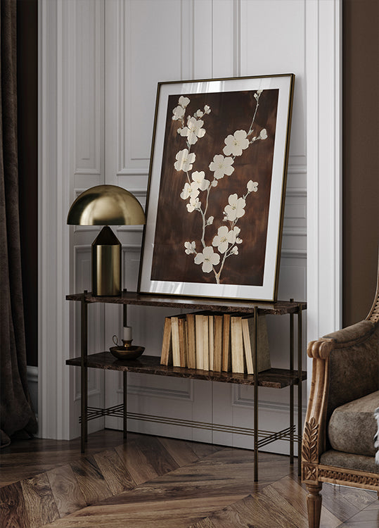 White Cherry Blossom Brown Background Poster