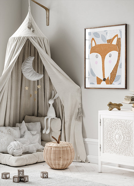 Cute Red Fox with Grey Leaf Poster