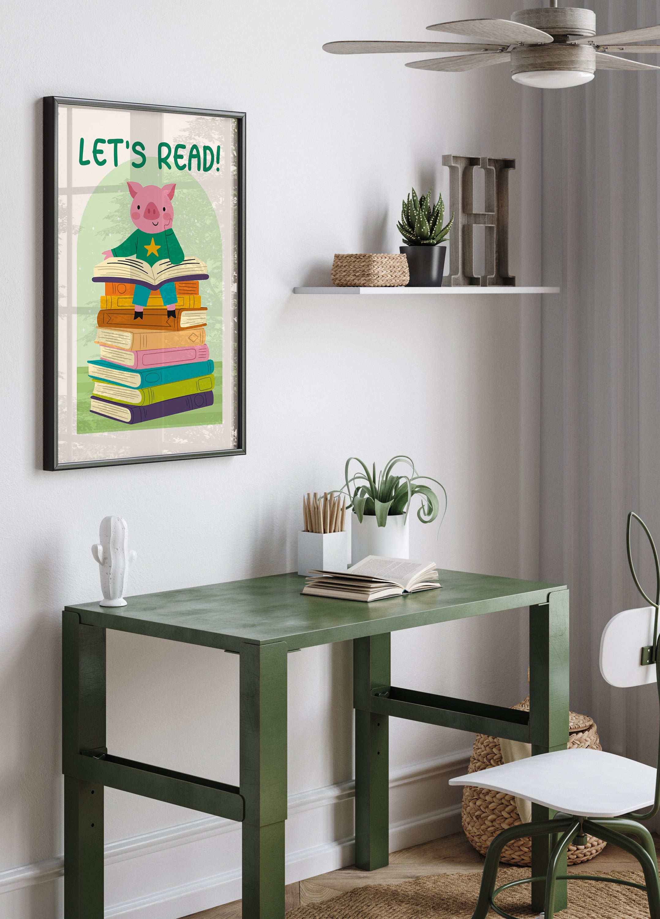 Pig Reading On Book stack, Let’s Read Poster