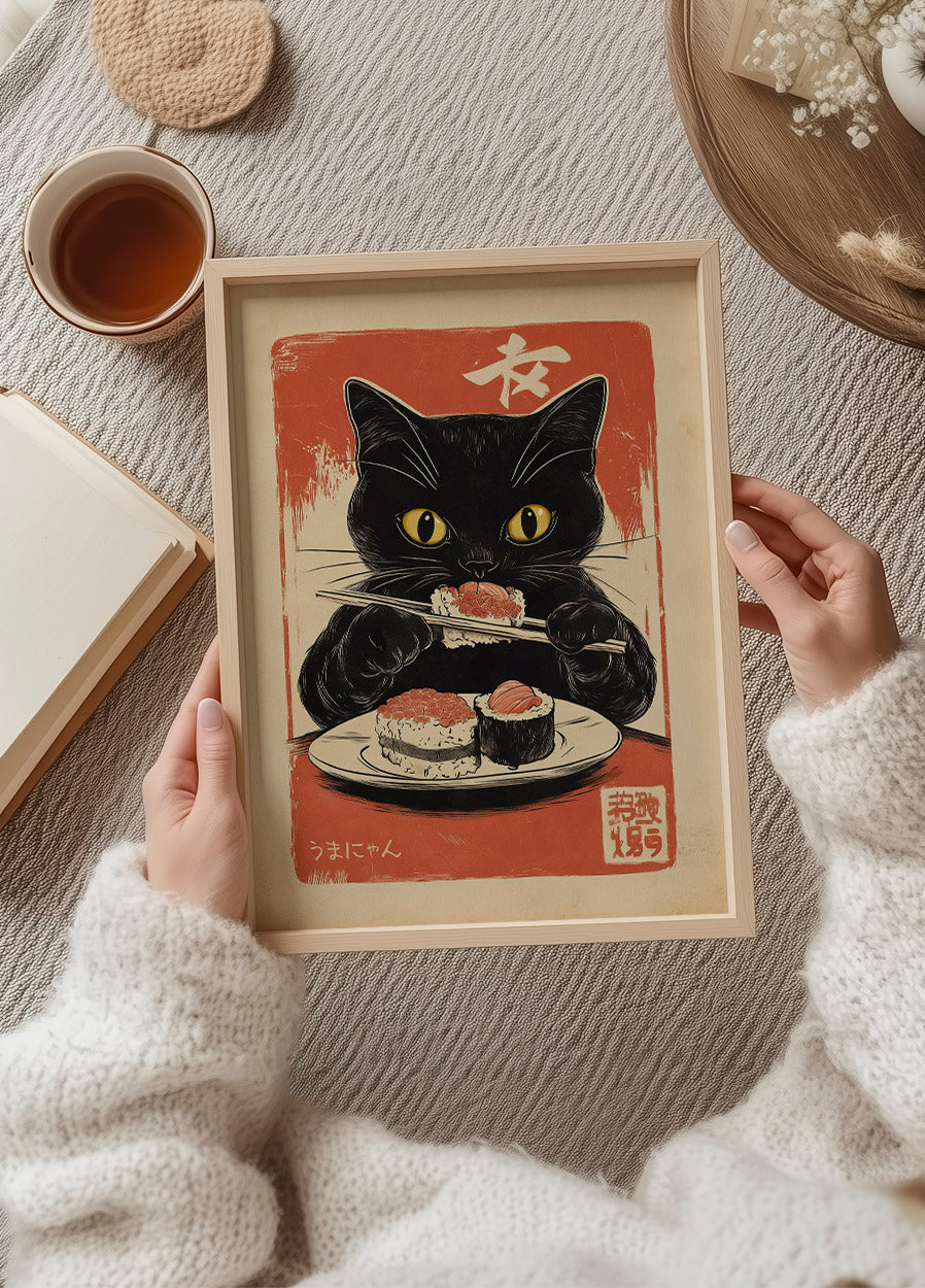Retro Sushi Feast, Hungry Cat Artwork Poster