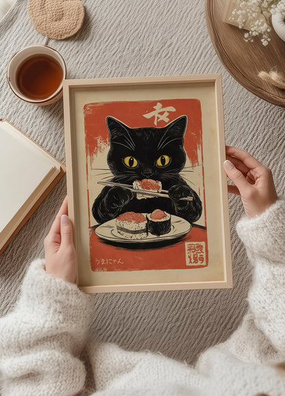 Retro Sushi Feast, Hungry Cat Artwork Poster