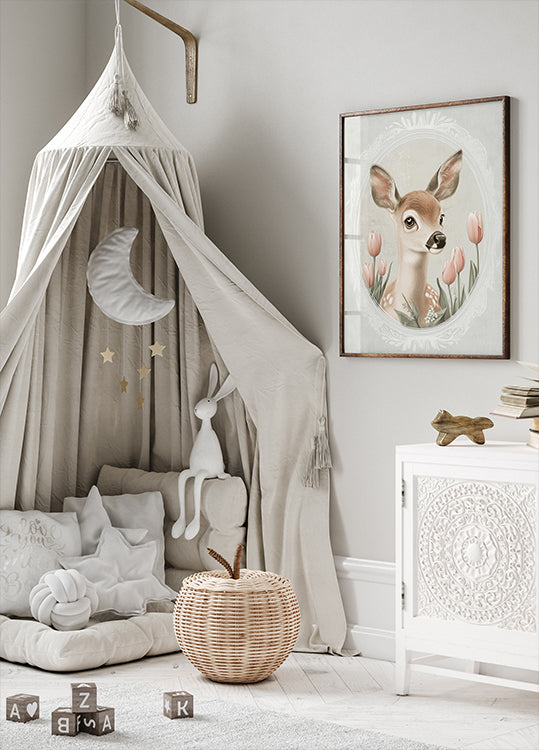 Baby Deer Floral Pastel Vintage Poster