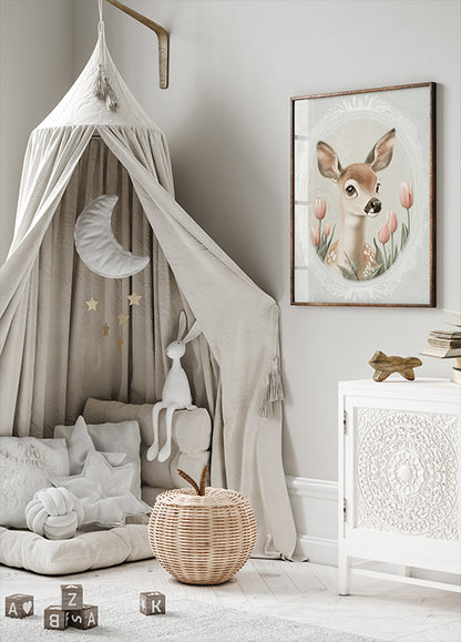 Baby Deer Floral Pastel Vintage Poster