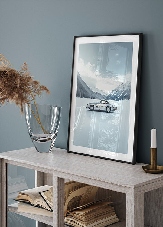 Retro Silver Car On Froozen Lake Side Poster
