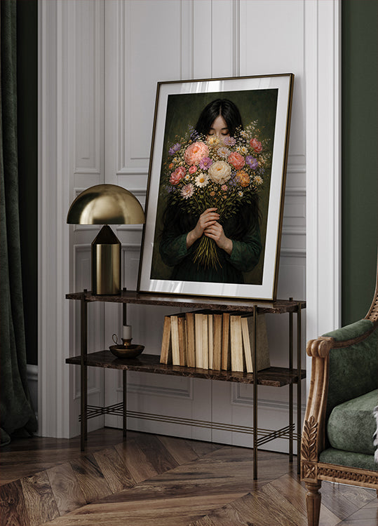 Title: Emerald Green Woman with Flowers Art Print: Minimalist Japandi Portrait Poster