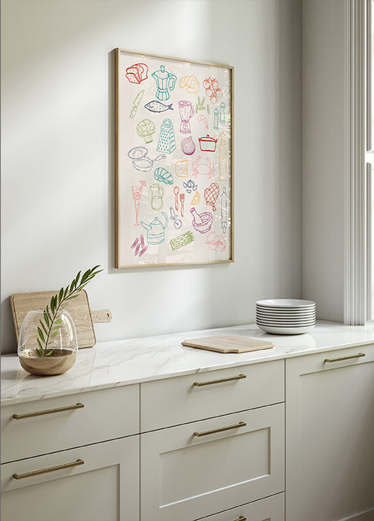 Kitchen Collage, Colorful Cooking Ingredient Icons Poster