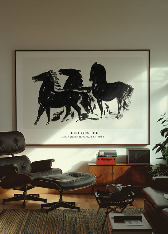 Three Black Horses, Dynamic Ink Sketch By Leo Gestel 1935–1936 Poster