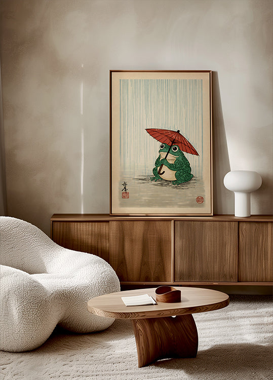 Japanese Frog with Umbrella Poster, Woodblock Art Print Poster