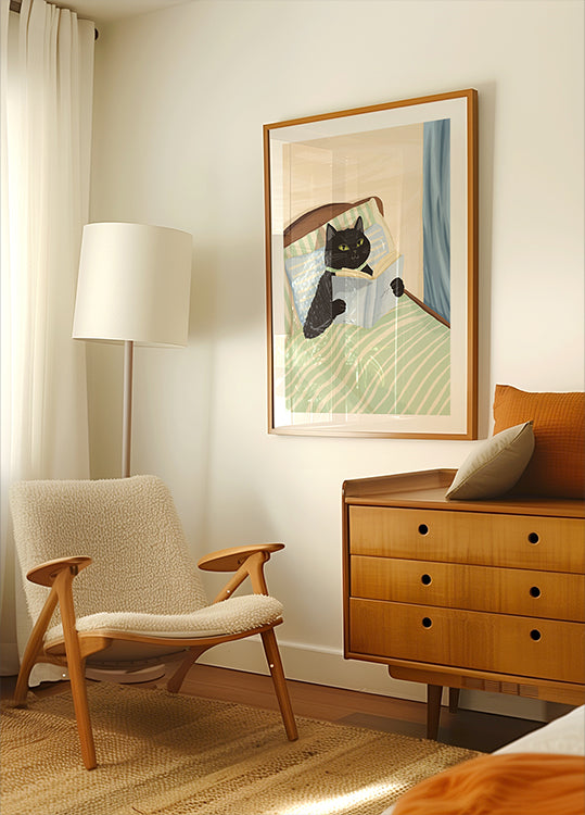 Cat Reading Print – Black Cat Wall Art, Cosy Bedroom Poster, Book Lover Cat Illustration, Cat in Bed Print, Reading Decor, Cat Book Art Poster