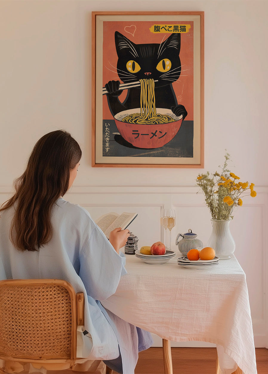Vintage Black Cat Eating Ramen Poster