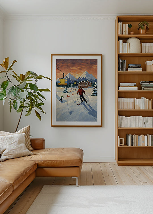 Skiing at sunset Poster