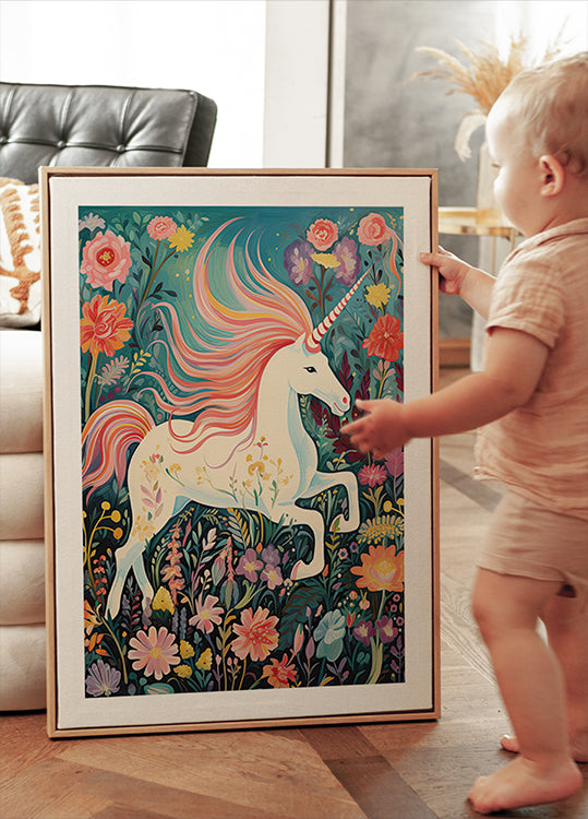 Magical Unicorn In Floral Meadow Poster