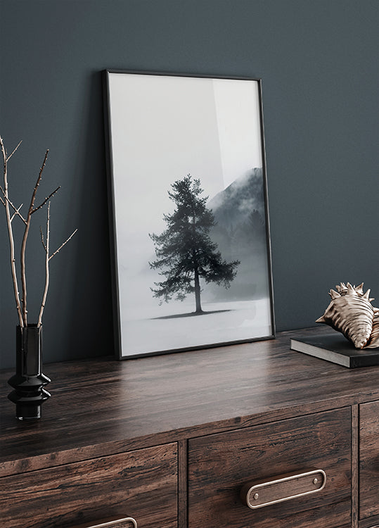 Lone Pine Tree in Foggy Field Poster