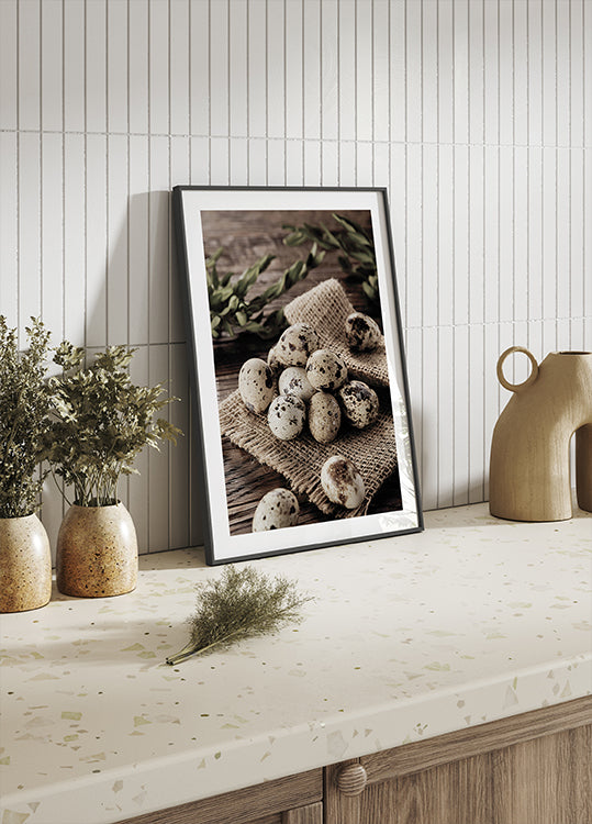 Quail Eggs on Rustic Burlap Poster