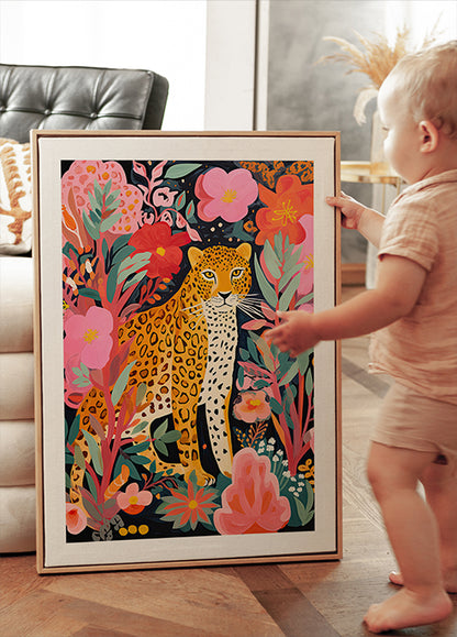 Colorful Leopard and Flowers Poster