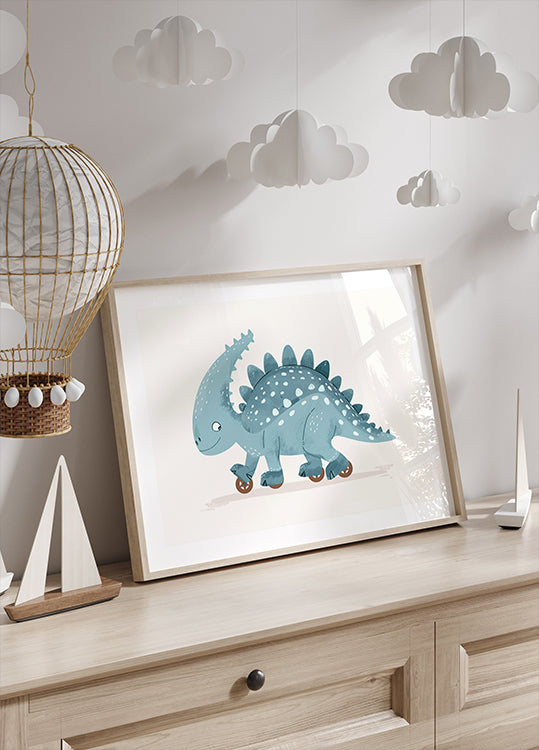 Blue Dinosaur on Wheels Poster