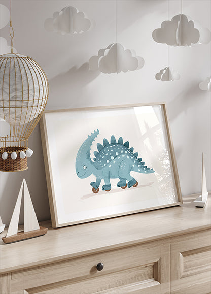 Blue Dinosaur on Wheels Poster
