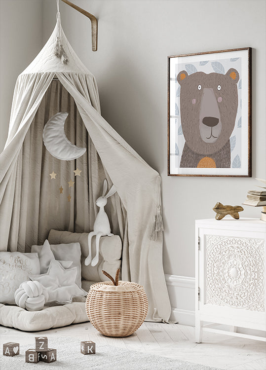 Cute Brown Bear with Grey Leaf Poster