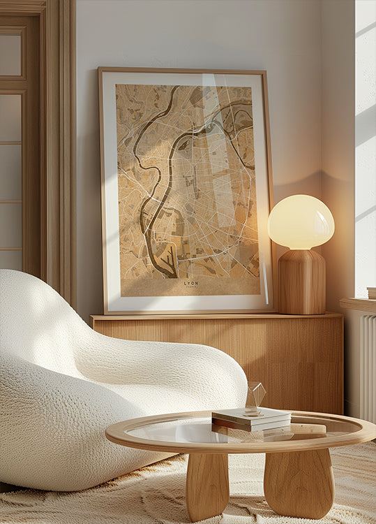 Sepia vintage map of Lyon France Poster