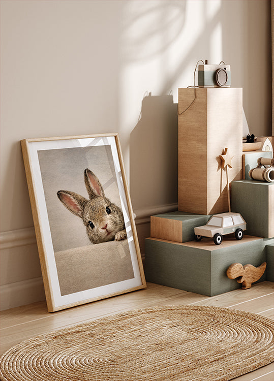Peeking Bunny Wall Art – Vintage Rabbit Print, Animal Nursery, Farmhouse Rustic Decor Poster
