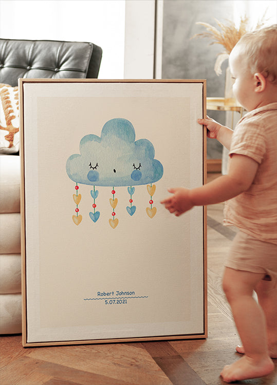 Blue Watercolor Cloud, Personalized Baby Boy Poster