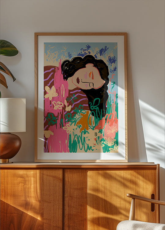 Expressive Figure Surrounded By Colorful Flowers Poster