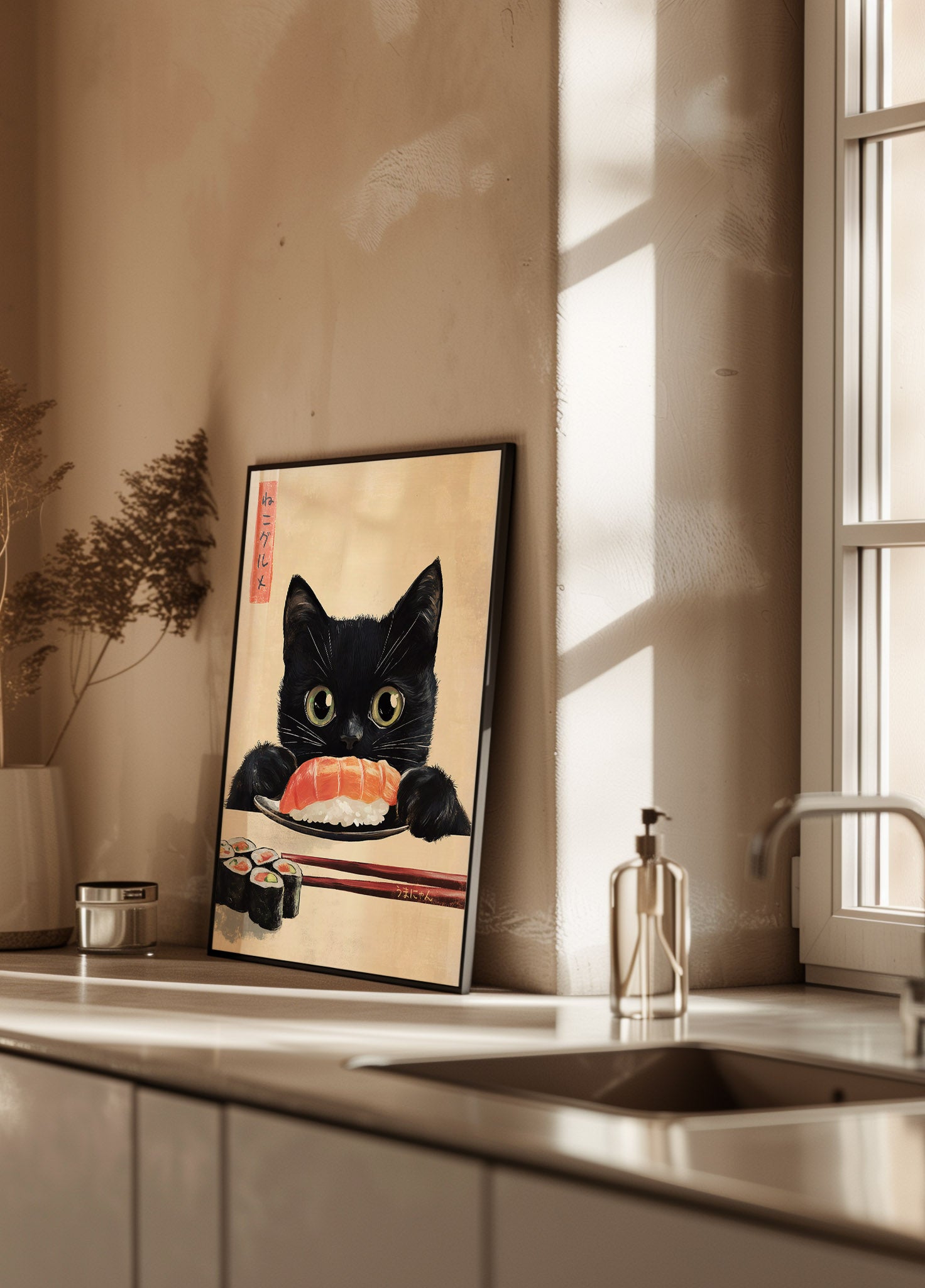 Sushi Lover Cat, Japanese-Inspired Feline Art Poster