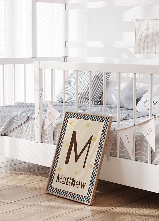 Personalized Baby Name Blue Checkered Star Poster
