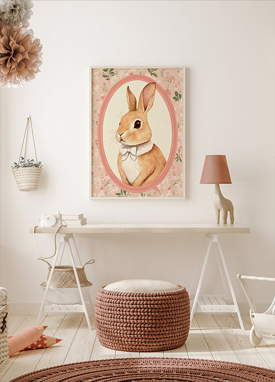 Dapper Bunny White Bow Floral Portrait Poster