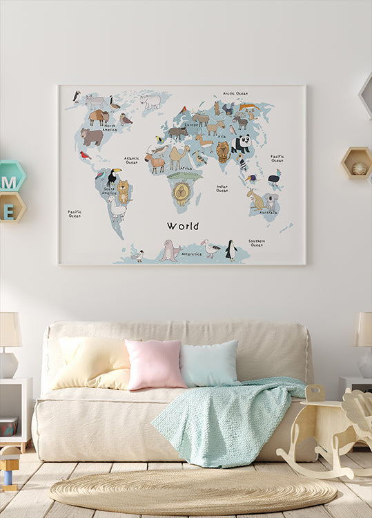 Illustrated Map of the World with Cute Animals  Poster