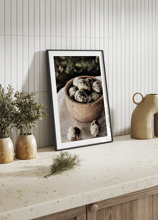 Quail Eggs in Rustic Wooden Bowl Poster