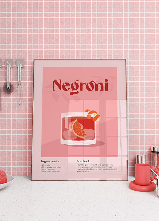 Negroni Cocktail Poster, Minimalist Drink Recipe Poster