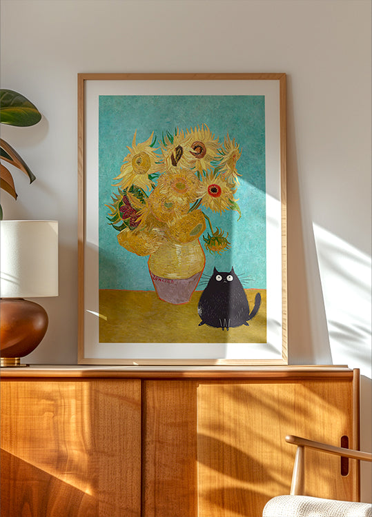 Sunflowers And Cat Poster