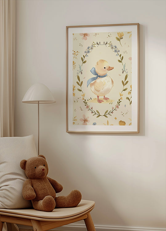 Duckling in Floral Wreath Poster