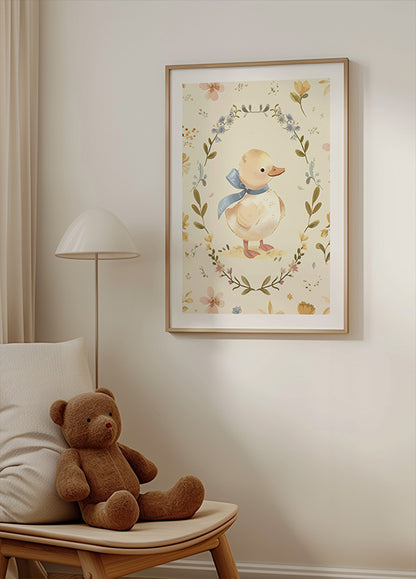 Duckling in Floral Wreath Poster